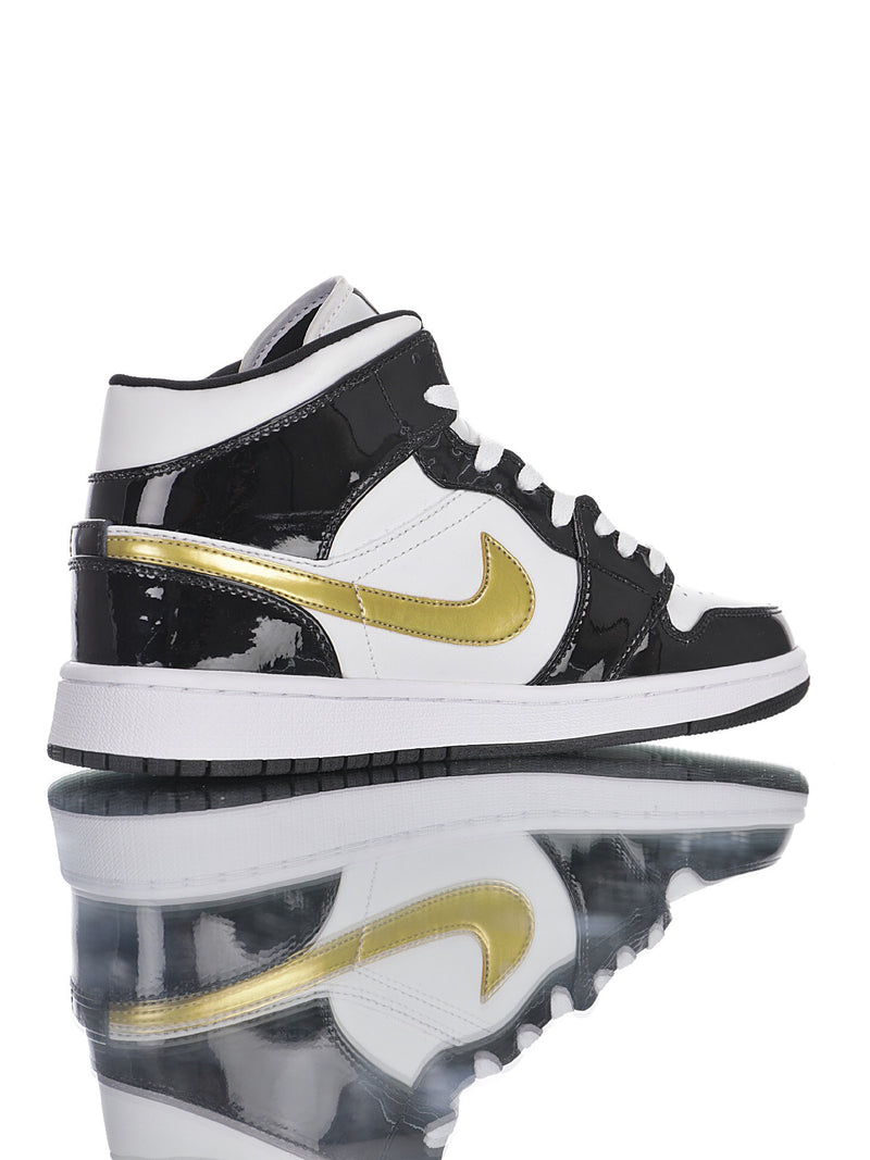 Jordan 1 Mid Patent Black White Gold