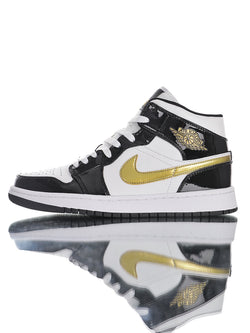 Jordan 1 Mid Patent Black White Gold